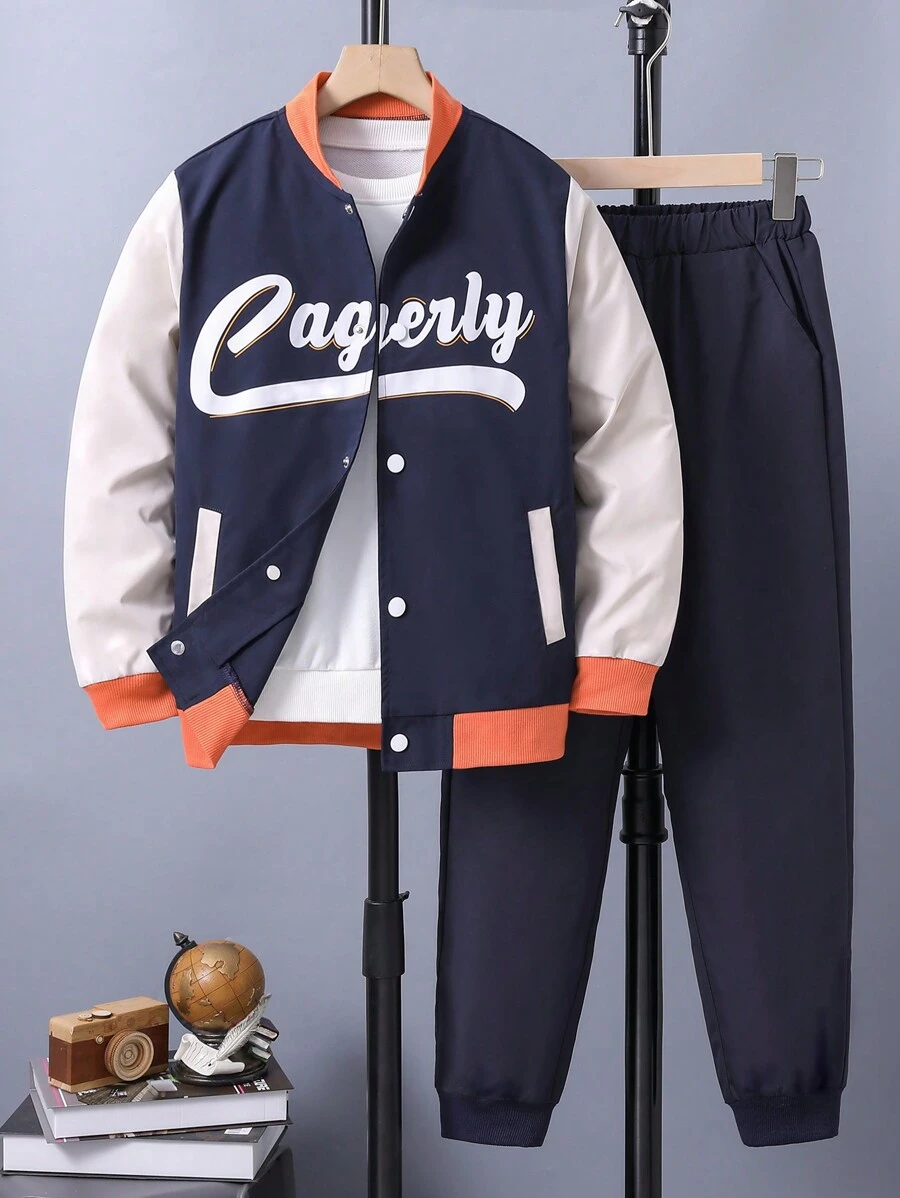 SHEIN 休閒口袋 前紐扣撞色 字母男童（大）兩件套 - 白色 - 查看 1