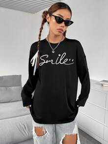 SHEIN EZwear Đồ họa Chữ cái Áo thun Thả vai - màu đen - Xem 4