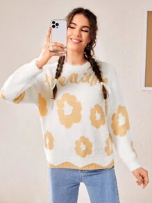 SHEIN EZwear 花卉圖案&字母圖案落肩袖套頭毛衣 - 卡其色 - 查看 3