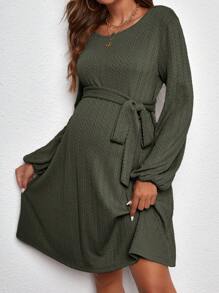 SHEIN 孕婦燈籠袖繫腰帶洋裝 - 軍綠色 - 查看 4