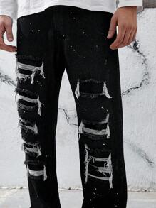 Manfinity Roghcode Homens Rasgado Jeans Reta - Cinza - Visão 6
