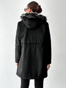 EURMUSE Drawstring Waist Fuzzy Trim Hooded Parka Coat - Black - View 2