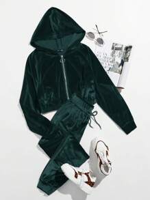 SHEIN EZwear Nhung Áo Zip Up Hoodie & Eo dây rút Quần thể thao - Màu xanh lá cây đậm - Xem 1