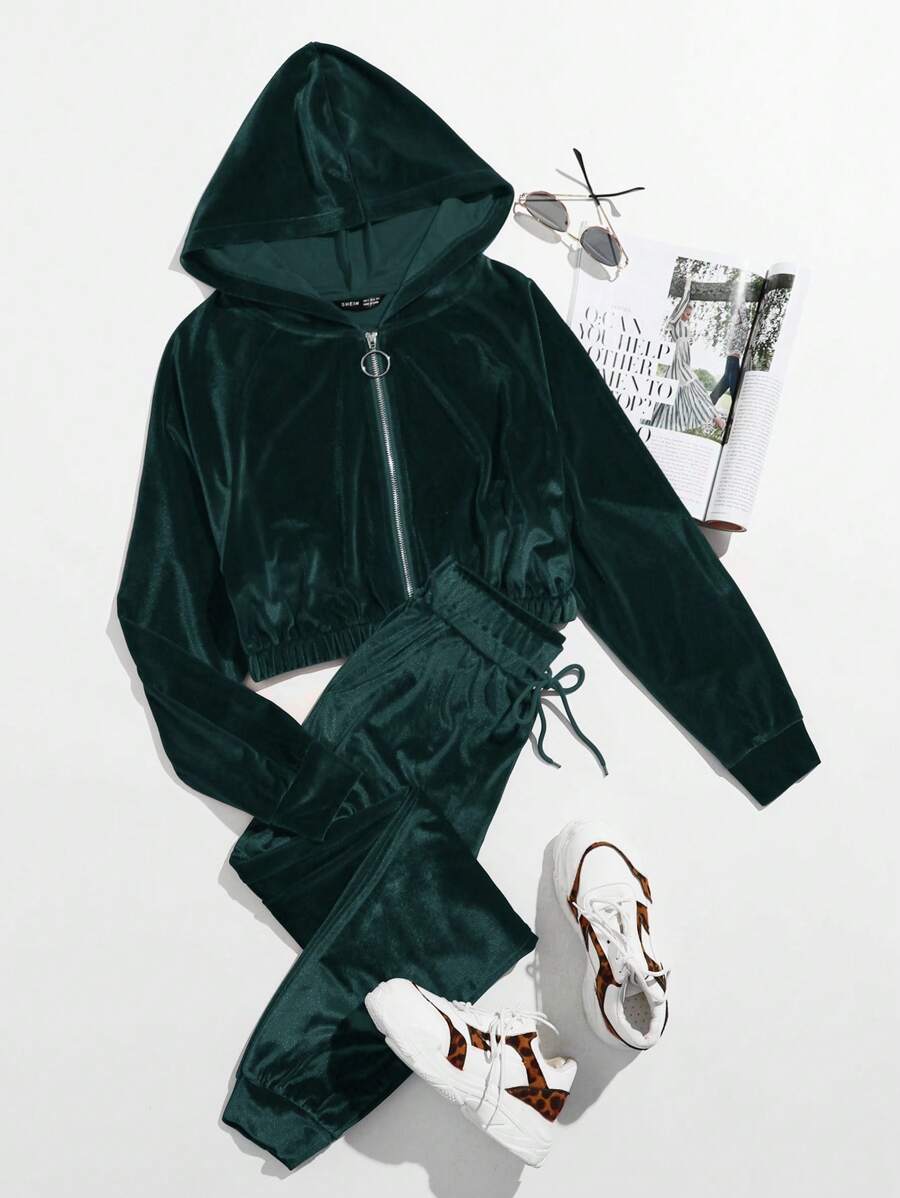 SHEIN EZwear Nhung Áo Zip Up Hoodie & Eo dây rút Quần thể thao - Màu xanh lá cây đậm - Xem 1
