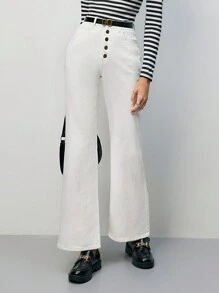 SHEIN Frenchy Button Fly Flare Leg Jeans - White - View 3