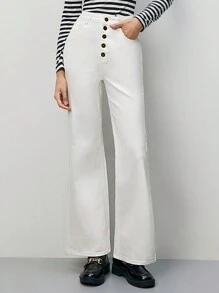 SHEIN Frenchy Button Fly Flare Leg Jeans - White - View 6