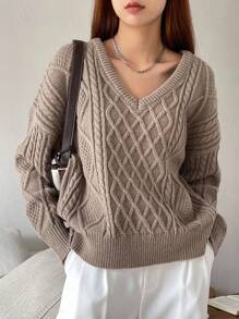 DAZY Cable Knit Drop Shoulder Sweater - Khaki - View 5