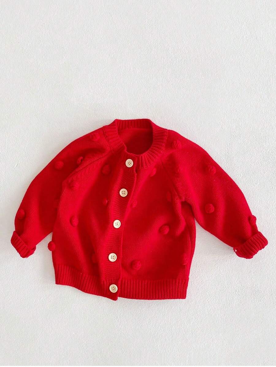 Em bé Cô gái Đỏ  Dệt kim Áo len Mở Với Pom Poms , Cho mùa xuân Và Mùa thu - Đỏ - Xem 1