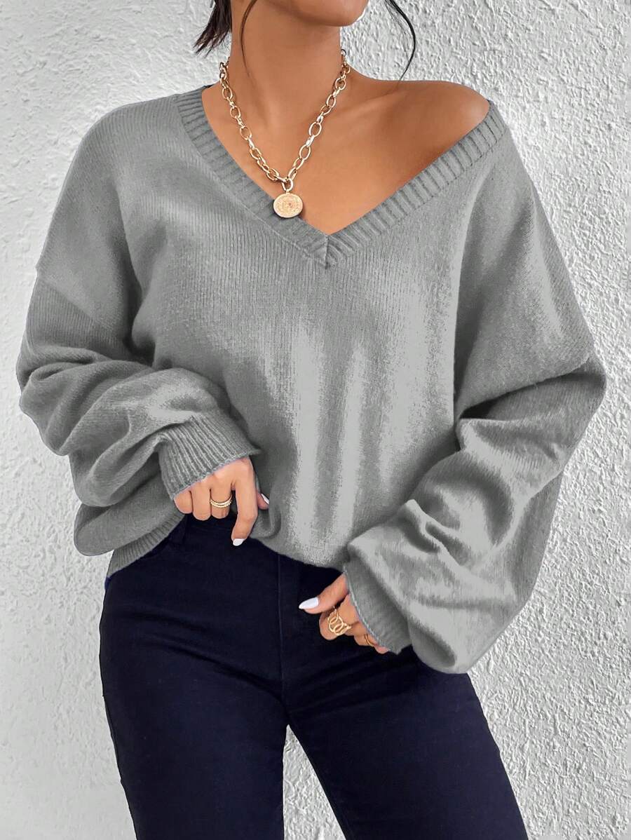 SHEIN Essnce V Neck Drop Shoulder Sweater - Grey - View 1
