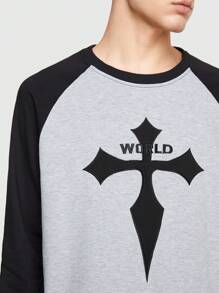 ROMWE MEN Goth Guys Cross & Letter Graphic Raglan Sleeve Tee - Black - View 6