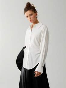 Solid Ruched Button Front Drop Shoulder Shirt Fall Cloth For Women - White - View 5