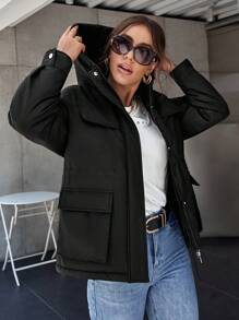 SHEIN LUNE 翻盖口袋 落肩 抽绳腰部 连帽 冬季服装 棉服 外套 - 黑色 - 查看 6