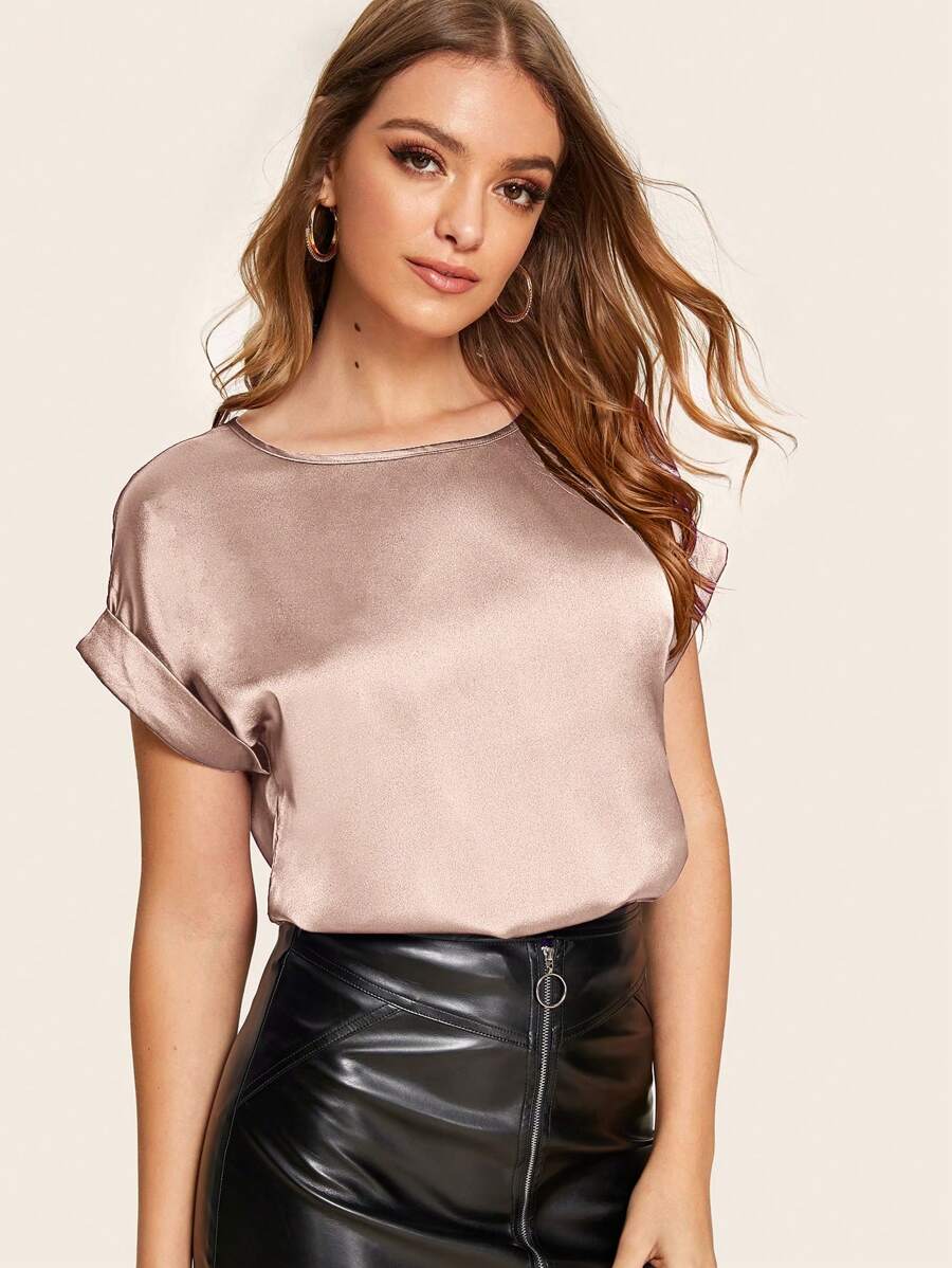 SHEIN Privé Top de satén de puño de doblez - Rosa - Ver 1