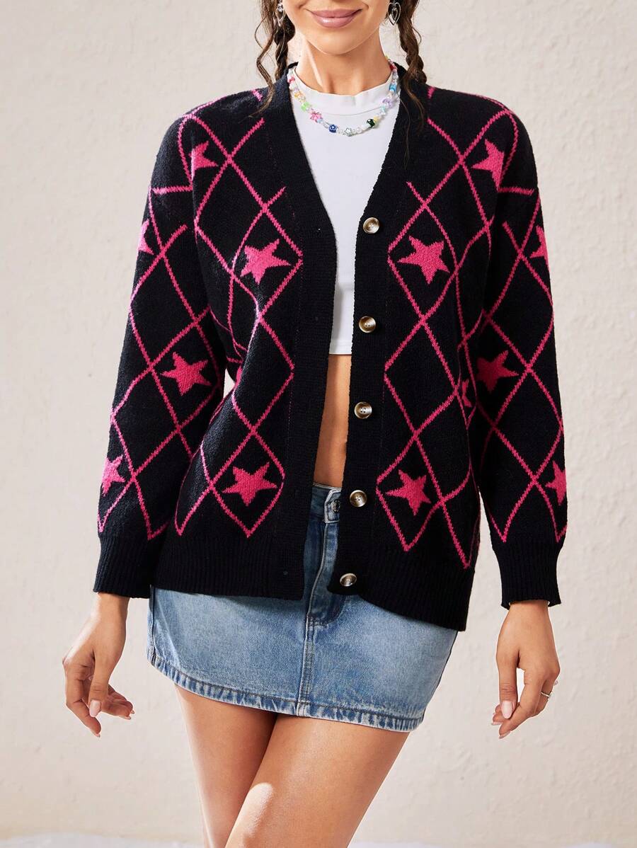 SHEIN EZwear 幾何格紋&星星圖案落肩袖開襟衫 - 黑色 - 查看 1