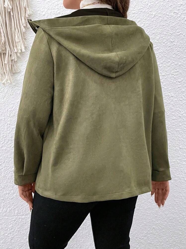 SHEIN Franclia Talla grande Cazadora con cremallera con bolsillos oblicuos con capucha - Verde militar - Ver 2