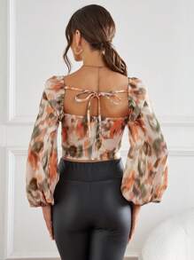 SHEIN Privé Tie Dye Vierkante hals Lantern mouwen Zakdoekzoom Tops