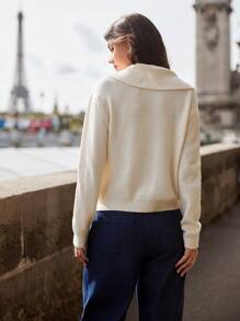 SHEIN Frenchy 字母刺繡Polo領落肩袖套頭毛衣 - 杏色 - 查看 2