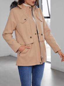 RueChic Drawstring Waist Fuzzy Trim Hooded Overcoat - Khaki - View 3