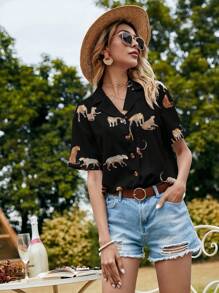 EMERY ROSE Leopard Print Lapel Neck Blouse Women Shirt
