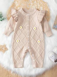 SHEIN 女嬰花卉圖案補丁貼荷葉邊前排扣毛衣連身衣 - 杏色 - 查看 1