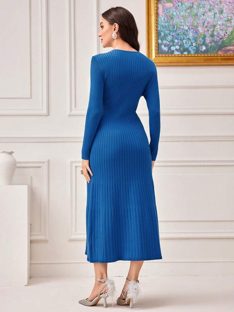 Solid Surplice Neck Solid Sweater Dress