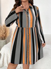 SHEIN LUNE فستان قميص مع أكمام قابلة للتدحرج طباعة شريط ونقطة منقطة بمقاسات كبيرة - متعدد الألوان - مشاهدة 6