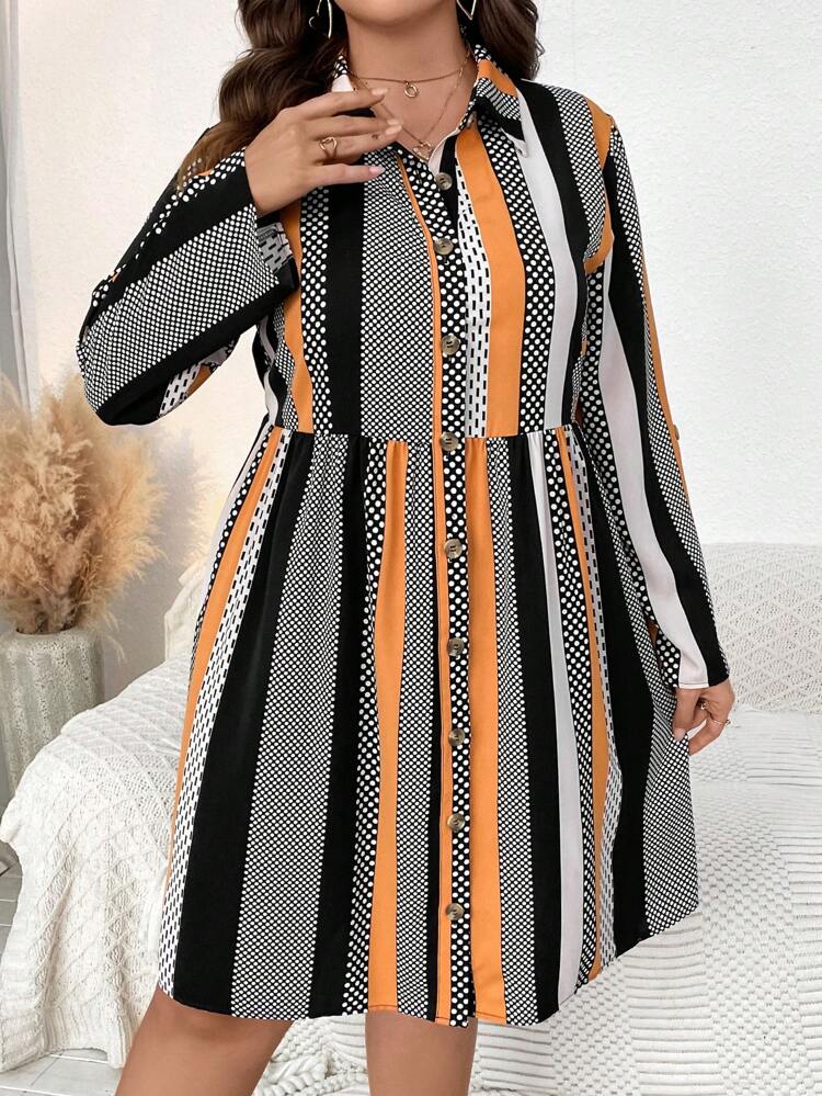 Plus Size Striped & Polka Dot Print Roll Tab Sleeve Shirt Dress