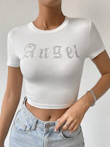 SHEIN Unity Pha lê Mẫu chữ Áo phông Crop - trắng - Xem 5