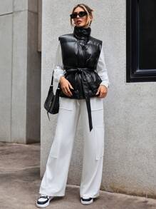 SHEIN Essnce Zip Up Belted Vest Padded Coat - Black - View 4