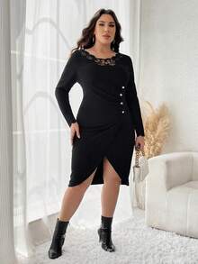 SHEIN Clasi Plus Size Hollow Out Button Detail Asymmetric Hem Dress - Black - View 4