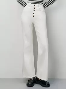 SHEIN Frenchy Button Fly Flare Leg Jeans - White - View 1