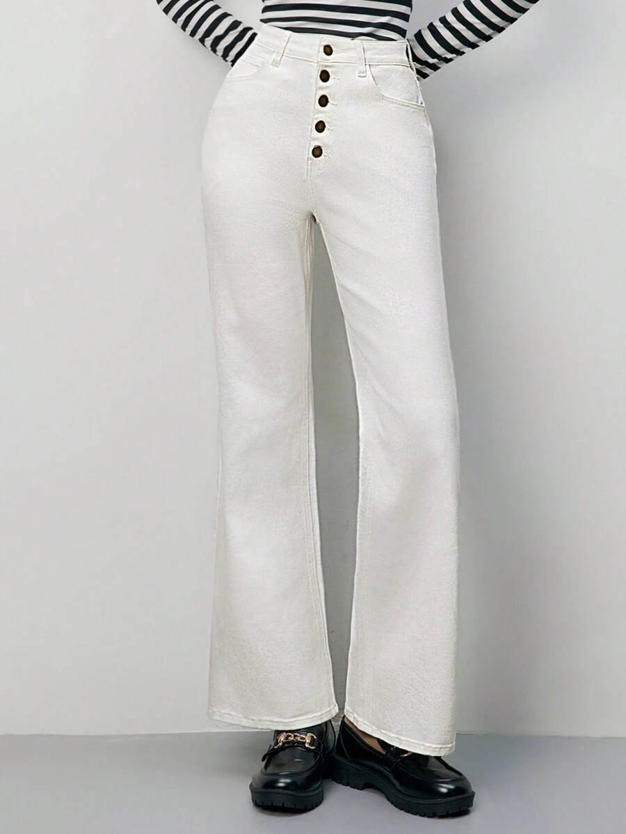 SHEIN Frenchy Button Fly Flare Leg Jeans - White - View 1