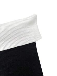 Sweetra 雙色折邊一字肩針織上衣 - 黑與白 - 查看 3