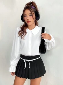 SHEIN EZwear Peter Pan Collar Flounce Sleeve Button Front Shirt - White - View 4