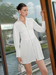Anewsta Solid Zip Up Shirt Dress - Beige - View 5