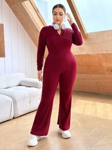 SHEIN Essnce Hơn Đường viền cổ có rãnh Đồ đan Ribbed Áo liền quần - Màu Đỏ Sâu - Xem 4