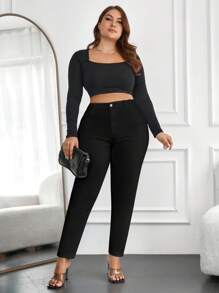 EURMUSE Plus Size High Waist Skinny Jeans - Black - View 3
