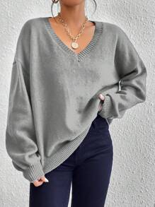 SHEIN Essnce V Neck Drop Shoulder Sweater - Grey - View 6