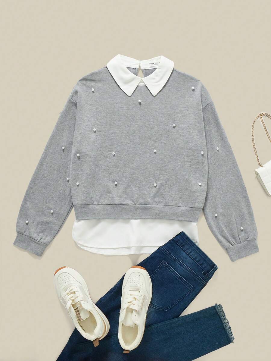 SHEIN Leap Crew Thiếu niên cô gái Cổ áo tương phản Ngọc trai đính cườm Chi tiết 2 trong1 Áo nỉ - Màu Xám nhạt - Xem 1