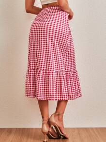 SHEIN SAIA MIDI BABADO BARRADO ESTAMPA XADREZ VICHY FEMININA - Red - View 4