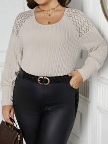 SHEIN Clasi Plus Contrast Lace Raglan Sleeve Tee - Apricot - View 1