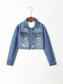 Thiếu niên cô gái Rách Raw Hem Áo khoác denim - Rửa trung bình - Xem 1