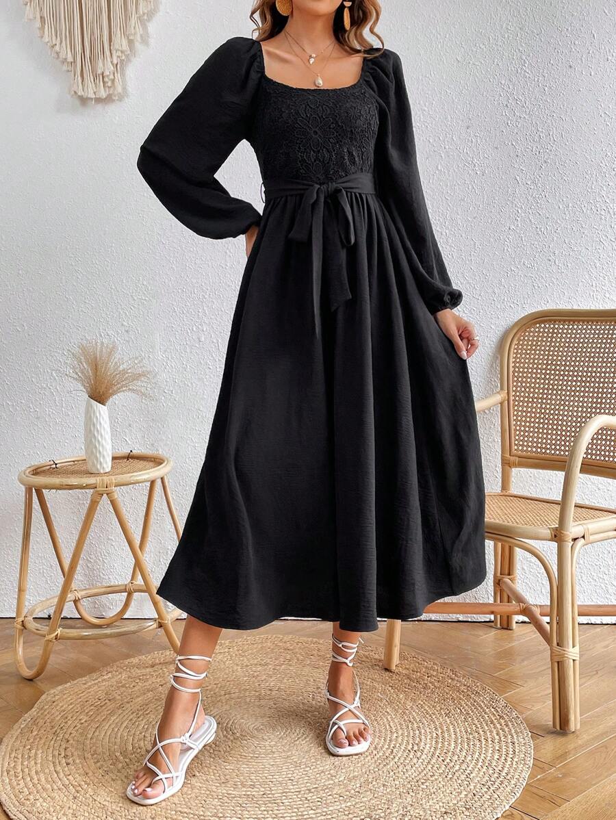 SHEIN VCAY Square Neck Lantern Sleeve Belted Dress - Black - View 1