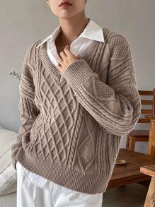 DAZY Cable Knit Drop Shoulder Sweater - Khaki - View 4