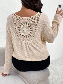 SHEIN Frenchy Plus Guipure Lace Insert Drop Shoulder Tee - Apricot - View 4