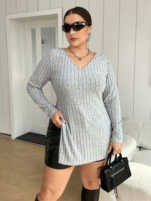 SHEIN Essnce Hơn Đồ đan Ribbed Viền chia cắt Áo thun - Xám - Xem 4