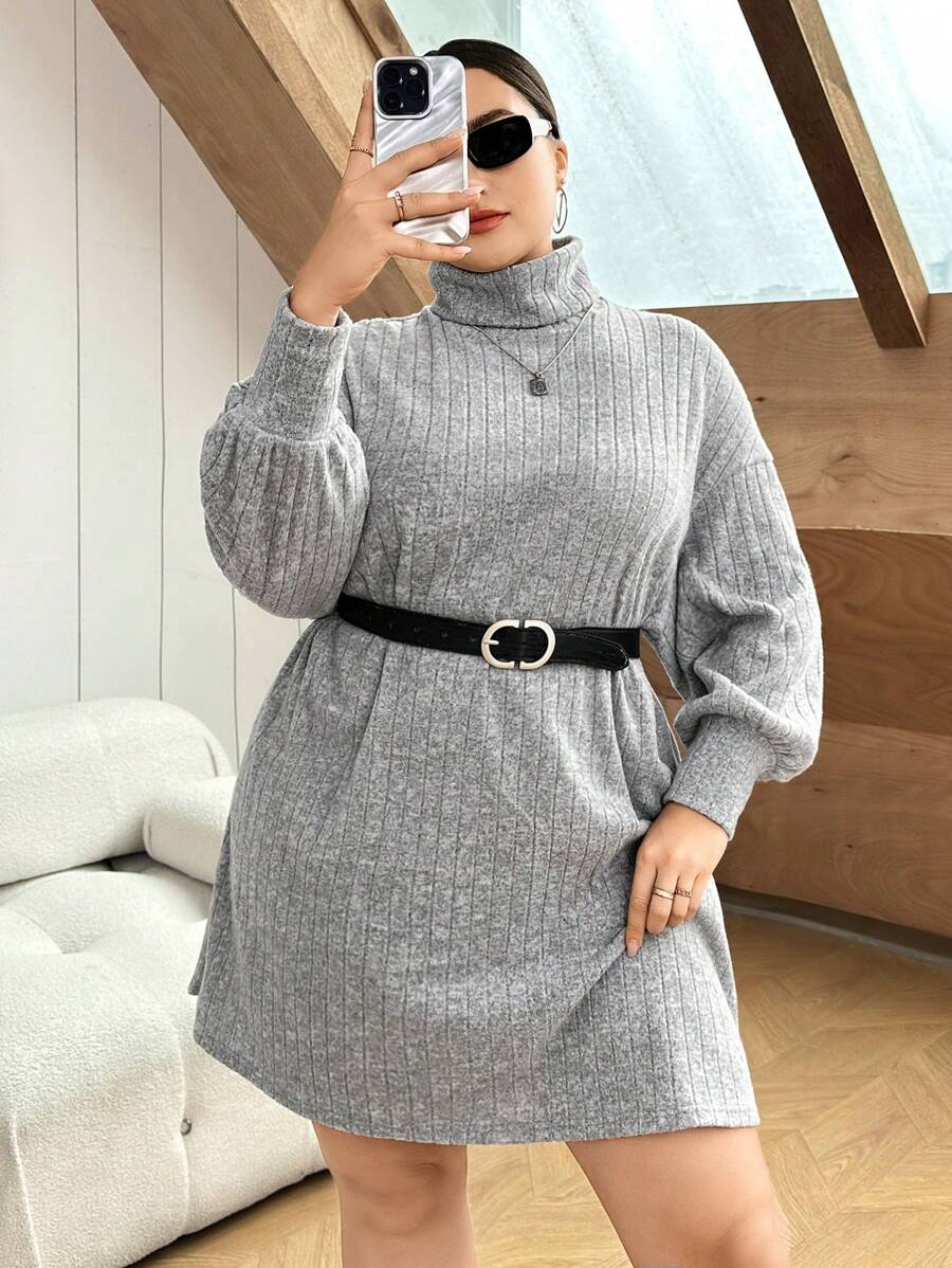 SHEIN Essnce Hơn Áo cao cổ Thả vai Đầm Không có thắt lưng - Xám - Xem 1