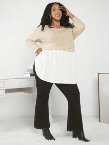 SHEIN CURVE+ 大碼雙色荷葉邊下擺T恤 - 卡其色 - 查看 6
