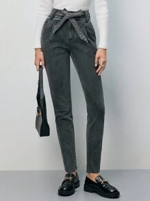 SHEIN Frenchy Ultra High Waist Belted Mom Fit Jeans - Dark Grey - View 4