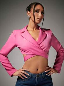 SHEIN BAE Cổ áo Buộc lại Crop Blazer - Hồng - Xem 6